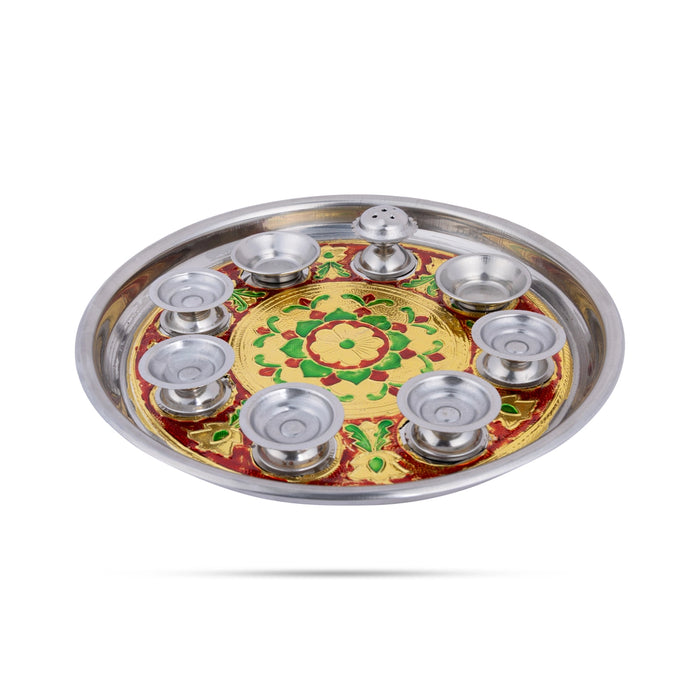 Thali Plate With 5 Diya- 12 Inches | Meenakari Design Pooja Plate/ Puja Aarti Plate For Marriage Aarti & Pooja