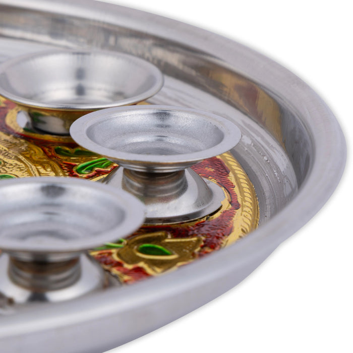 Thali Plate With 5 Diya- 12 Inches | Meenakari Design Pooja Plate/ Puja Aarti Plate For Marriage Aarti & Pooja