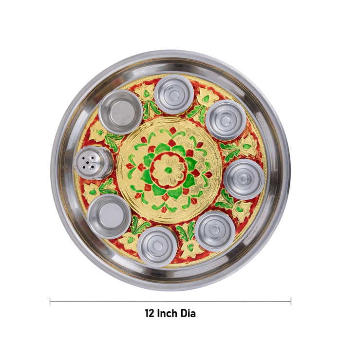Thali Plate With 5 Diya- 12 Inches | Meenakari Design Pooja Plate/ Puja Aarti Plate For Marriage Aarti & Pooja