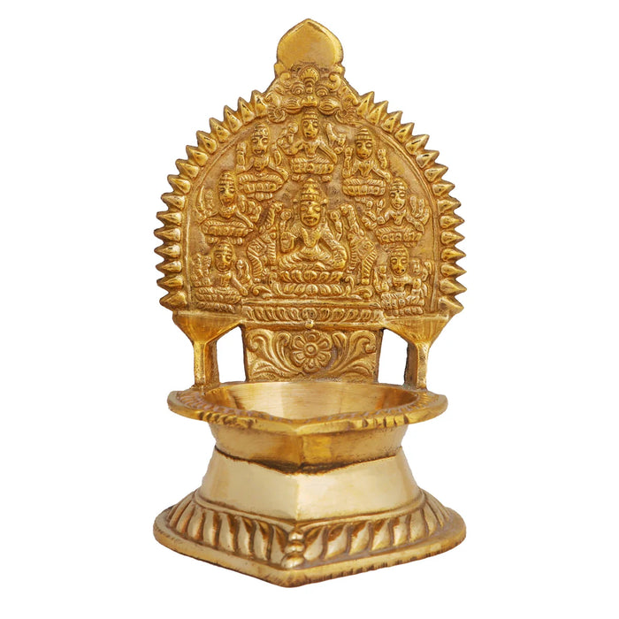 Brass Ashtalakshmi Lamp - 5 x 3 Inches | Gold Polish Laxmi Vilakku/ Ashta Lakshmi Deepam/ 240 Gms Approx