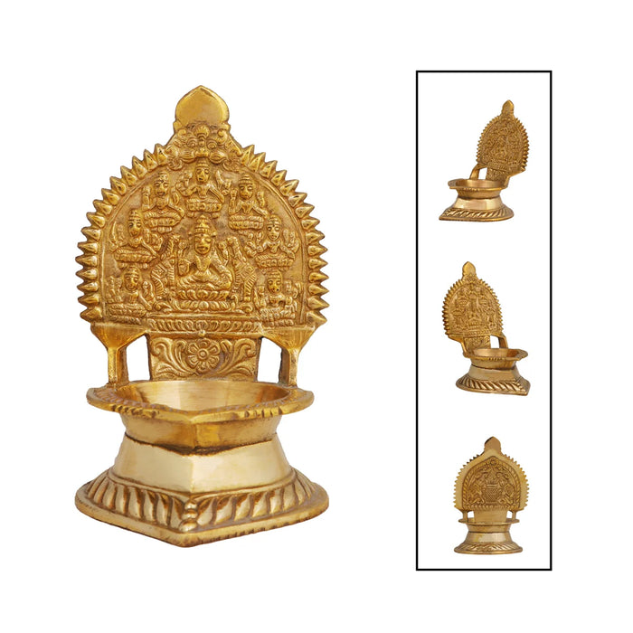 Brass Ashtalakshmi Lamp - 5 x 3 Inches | Gold Polish Laxmi Vilakku/ Ashta Lakshmi Deepam/ 240 Gms Approx