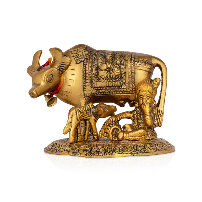 Cow and Calf Idol - 4 Inches | Aluminium Kamadhenu Cow Statue for Pooja/ 350 Gms Approx