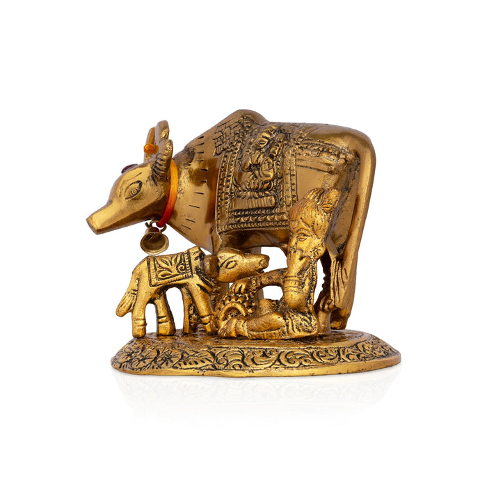 Cow and Calf Idol - 4 Inches | Aluminium Kamadhenu Cow Statue for Pooja/ 350 Gms Approx