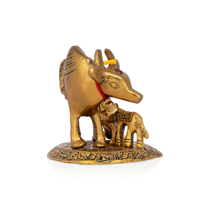 Cow and Calf Idol - 4 Inches | Aluminium Kamadhenu Cow Statue for Pooja/ 350 Gms Approx