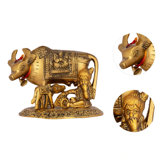 Cow and Calf Idol - 4 Inches | Aluminium Kamadhenu Cow Statue for Pooja/ 350 Gms Approx