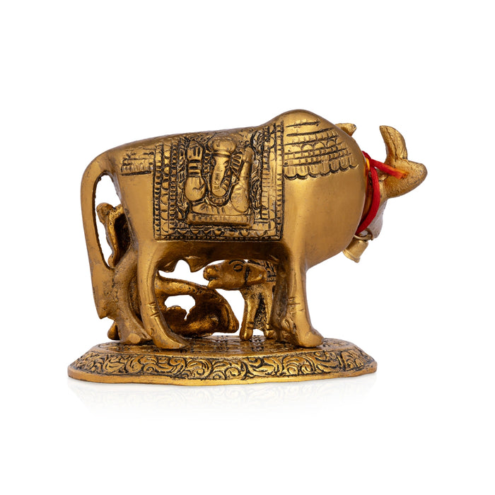 Cow and Calf Idol - 4 Inches | Aluminium Kamadhenu Cow Statue for Pooja/ 350 Gms Approx
