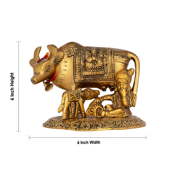 Cow and Calf Idol - 4 Inches | Aluminium Kamadhenu Cow Statue for Pooja/ 350 Gms Approx