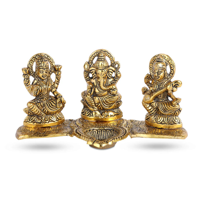 Lakshmi Ganesh Saraswathi with Deep - 4 x 8 Inches | Aluminium Lamp/ Deepam for Pooja/ 280 Gms Approx