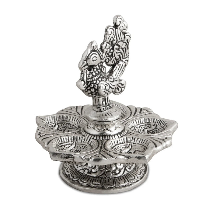 Deep - 4.5 x 4 Inches | Peacock Design Diya/ 5 Face Lamp/ Aluminium Vilakku for Pooja/ 130 Gms Approx