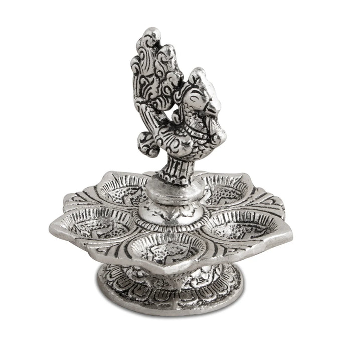 Deep - 4.5 x 4 Inches | Peacock Design Diya/ 5 Face Lamp/ Aluminium Vilakku for Pooja/ 130 Gms Approx