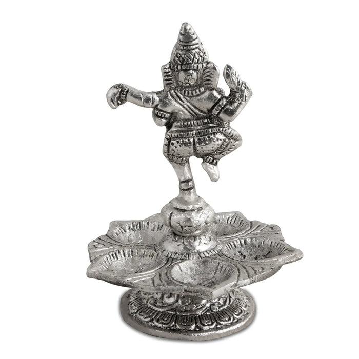 Dancing Ganesh with Deep - 5.5 x 4 Inches | 5 Face Vilakku/ Aluminium Lamp for Pooja/ 165 Gms Approx