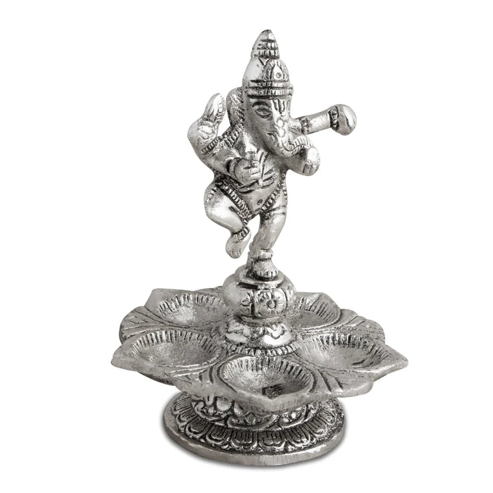 Dancing Ganesh with Deep - 5.5 x 4 Inches | 5 Face Vilakku/ Aluminium Lamp for Pooja/ 165 Gms Approx