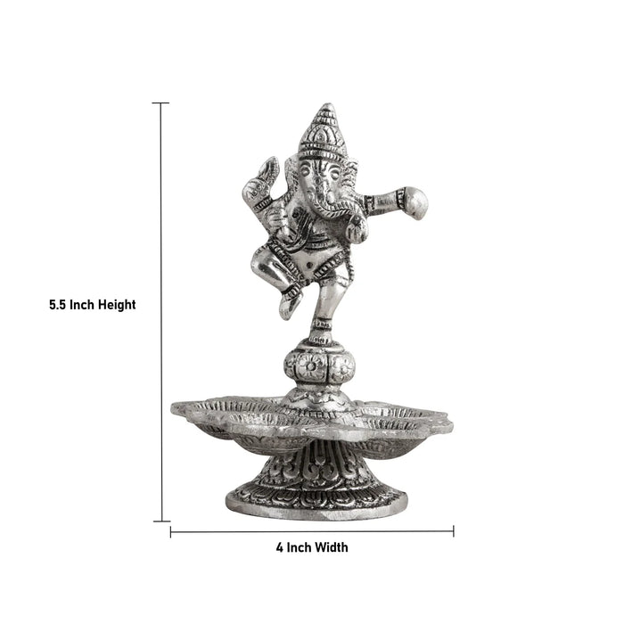 Dancing Ganesh with Deep - 5.5 x 4 Inches | 5 Face Vilakku/ Aluminium Lamp for Pooja/ 165 Gms Approx