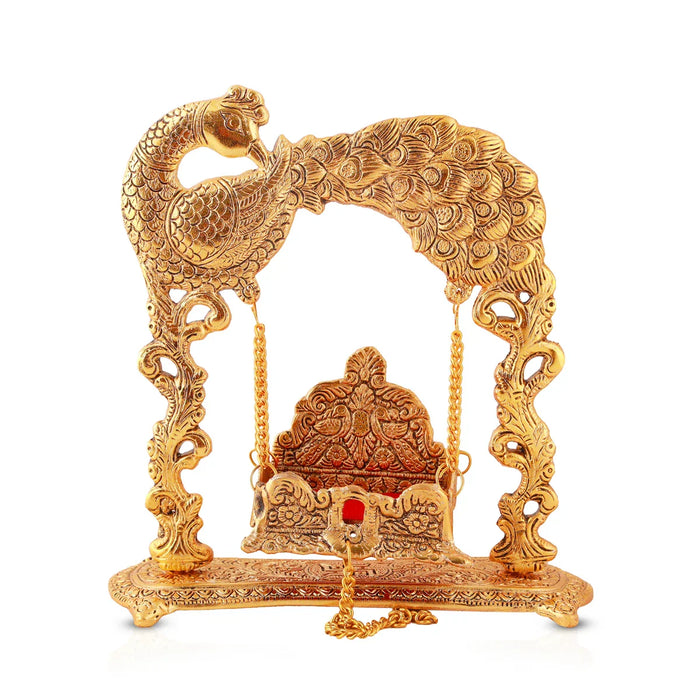 Peacock Jhula - 9 x 9 Inches | Laddu Gopal Jhula/ Aluminium Krishna Jhula for Deity/ 590 Gms Approx