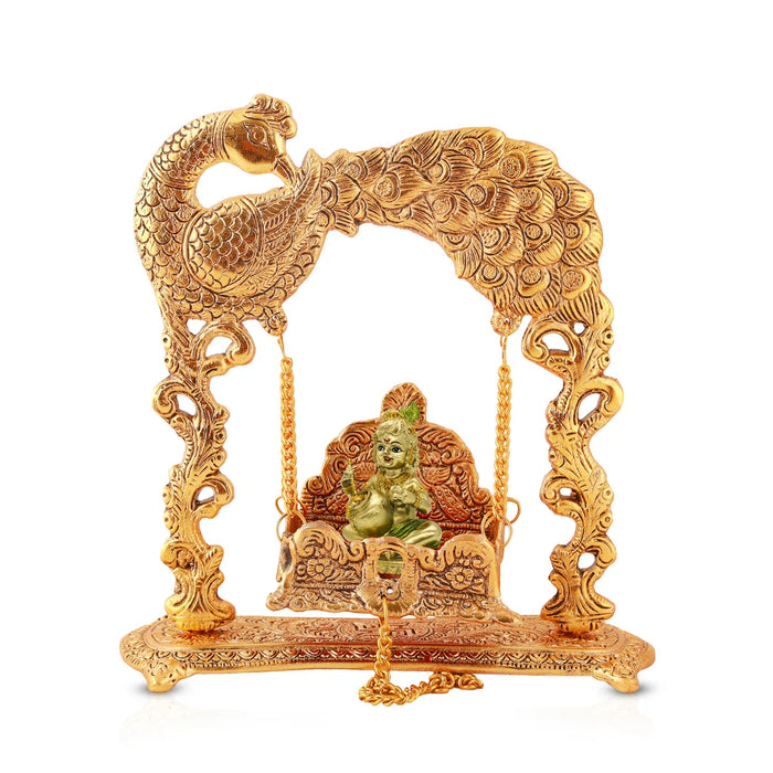 Peacock Jhula - 9 x 9 Inches | Laddu Gopal Jhula/ Aluminium Krishna Jhula for Deity/ 590 Gms Approx