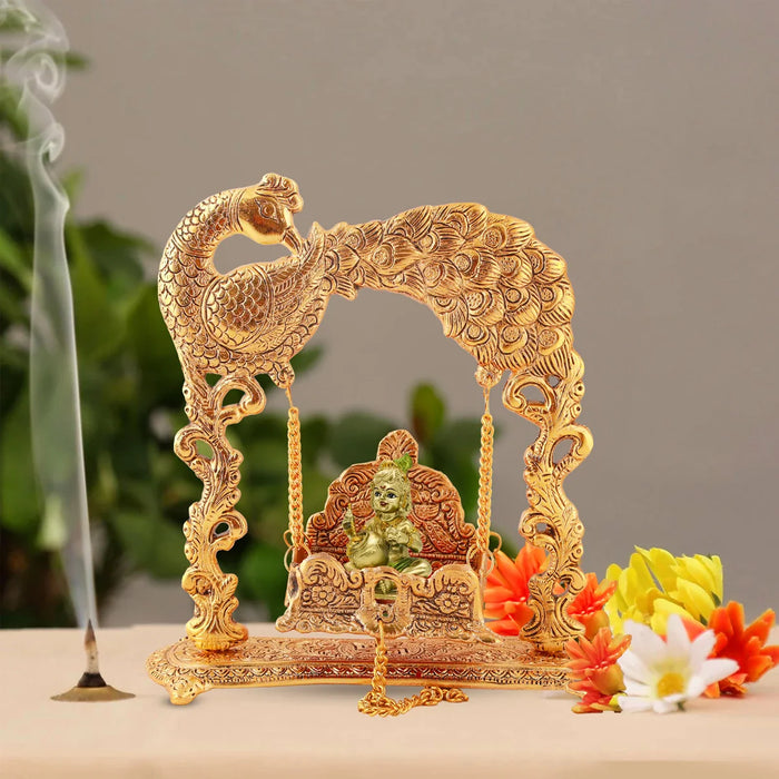 Peacock Jhula - 9 x 9 Inches | Laddu Gopal Jhula/ Aluminium Krishna Jhula for Deity/ 590 Gms Approx