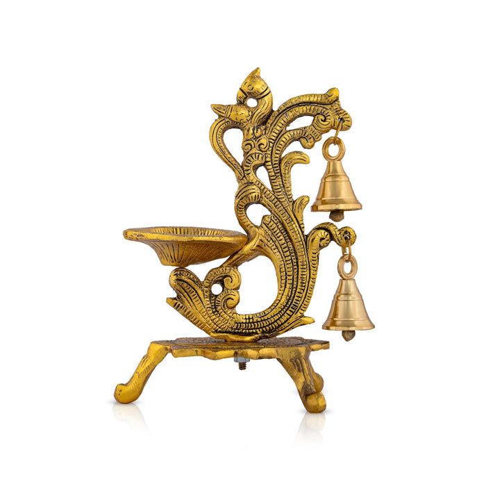Metal Deepam With Leg - 7 x 7.5 Inches | Gold Polish Vilakku/ Parrot Design Lamp With Bell for Home