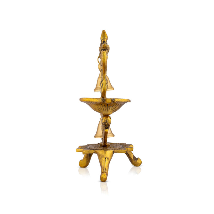 Metal Deepam With Leg - 7 x 7.5 Inches | Gold Polish Vilakku/ Parrot Design Lamp With Bell for Home