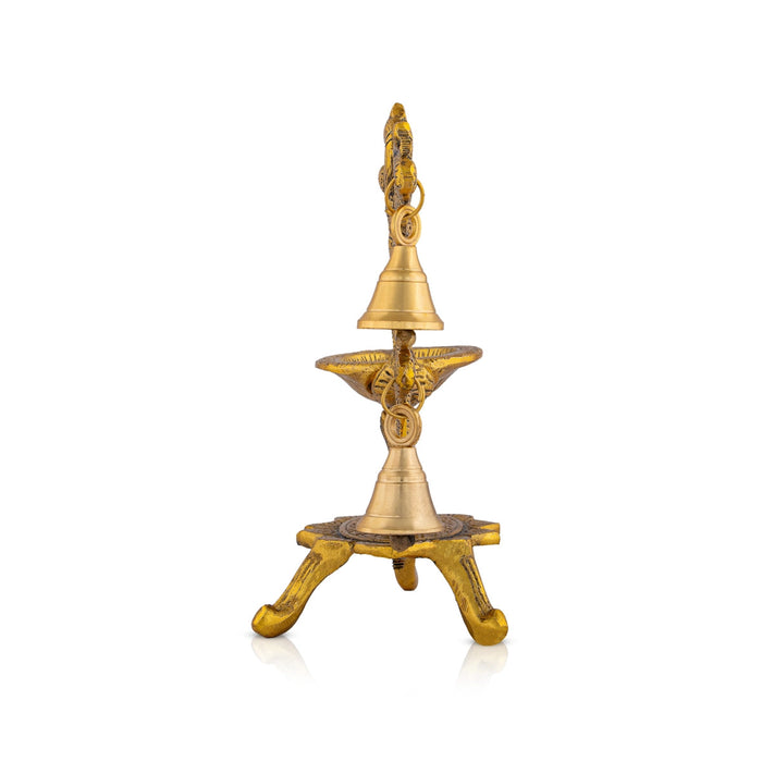 Metal Deepam With Leg - 7 x 7.5 Inches | Gold Polish Vilakku/ Parrot Design Lamp With Bell for Home