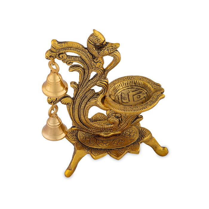 Metal Deepam With Leg - 7 x 7.5 Inches | Gold Polish Vilakku/ Parrot Design Lamp With Bell for Home