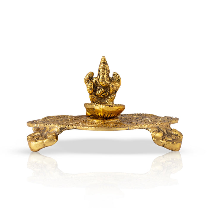 Ganesha Murti With Deep On Plate - 2 x 4 Inches | Aluminium/ Gold Polish Lamp With Ganpati Murti for Pooja