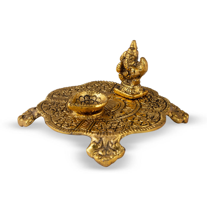 Ganesha Murti With Deep On Plate - 2 x 4 Inches | Aluminium/ Gold Polish Lamp With Ganpati Murti for Pooja