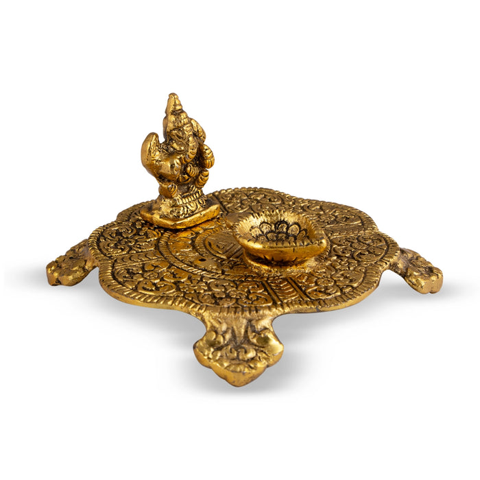 Ganesha Murti With Deep On Plate - 2 x 4 Inches | Aluminium/ Gold Polish Lamp With Ganpati Murti for Pooja