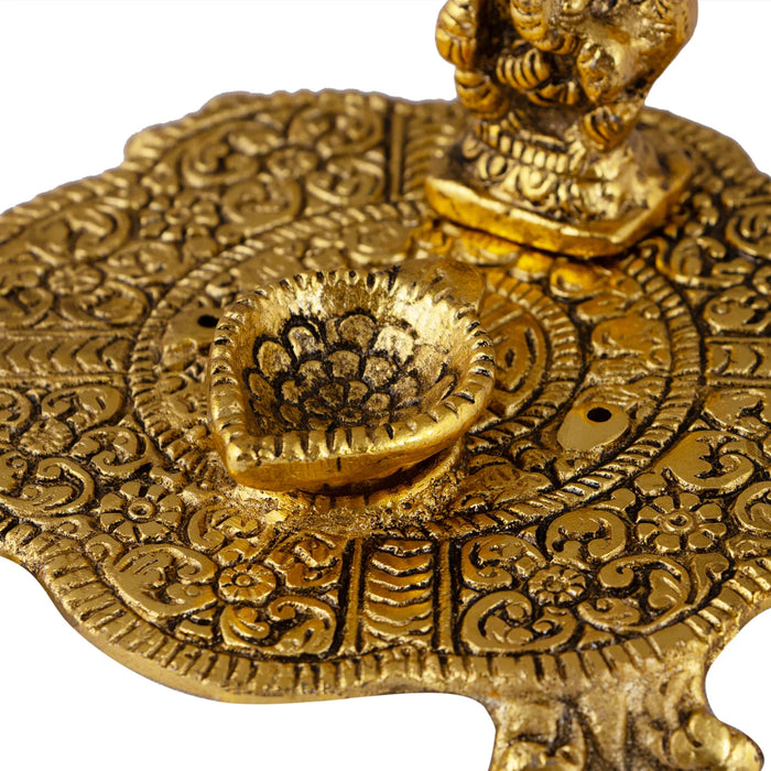 Ganesha Murti With Deep On Plate - 2 x 4 Inches | Aluminium/ Gold Polish Lamp With Ganpati Murti for Pooja