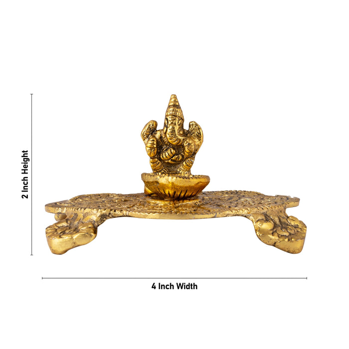 Ganesha Murti With Deep On Plate - 2 x 4 Inches | Aluminium/ Gold Polish Lamp With Ganpati Murti for Pooja