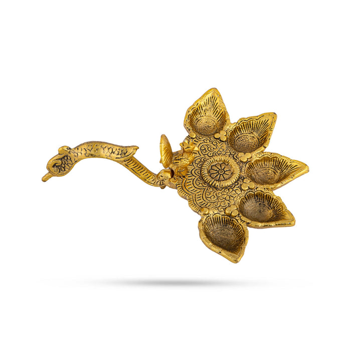 Panch Aarti Diya With Handle - 2.5 x 8 Inches | Gold Polish Panch Mukhi Diya/ Metal 5 Face Diya for Pooja