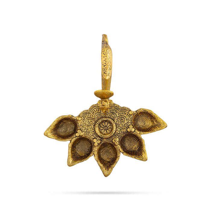 Panch Aarti Diya With Handle - 2.5 x 8 Inches | Gold Polish Panch Mukhi Diya/ Metal 5 Face Diya for Pooja