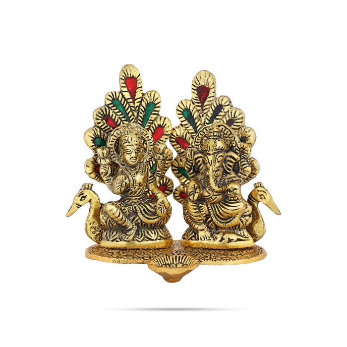 Metal Lakshmi Ganesh Murti Sitting On Peacock Base With Deep - 5 x 5.5 Inches | Gold Polish Lamp for Home