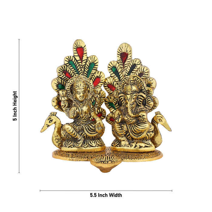Metal Lakshmi Ganesh Murti Sitting On Peacock Base With Deep - 5 x 5.5 Inches | Gold Polish Lamp for Home