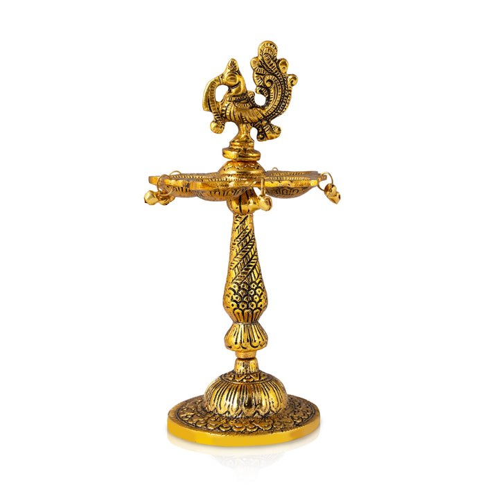 Five Face Kuthu Vilakku - 8 x 3.5 Inches | Aluminium & Peacock Design Lamp/ Gold Polish Deepam for Home & Temple