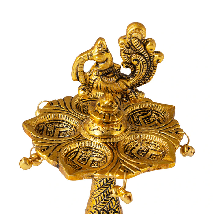 Five Face Kuthu Vilakku - 8 x 3.5 Inches | Aluminium & Peacock Design Lamp/ Gold Polish Deepam for Home & Temple