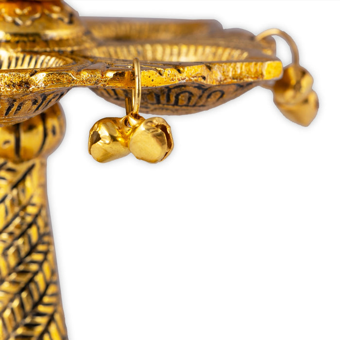 Five Face Kuthu Vilakku - 8 x 3.5 Inches | Aluminium & Peacock Design Lamp/ Gold Polish Deepam for Home & Temple