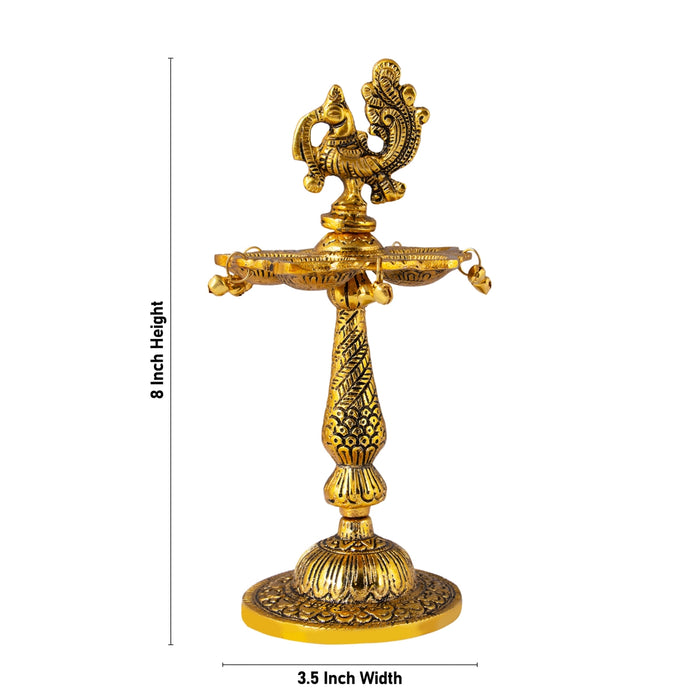 Five Face Kuthu Vilakku - 8 x 3.5 Inches | Aluminium & Peacock Design Lamp/ Gold Polish Deepam for Home & Temple