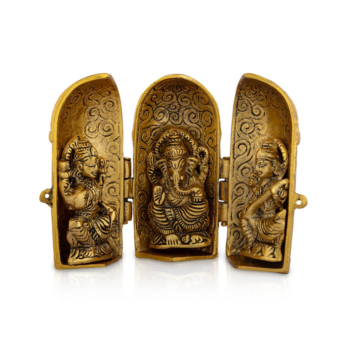Metal Laxmi Ganesh Saraswati Murti With Closing Type Box - 5 x 7 Inches | Gold Polish Laxmi Ganesh Saraswati Idol
