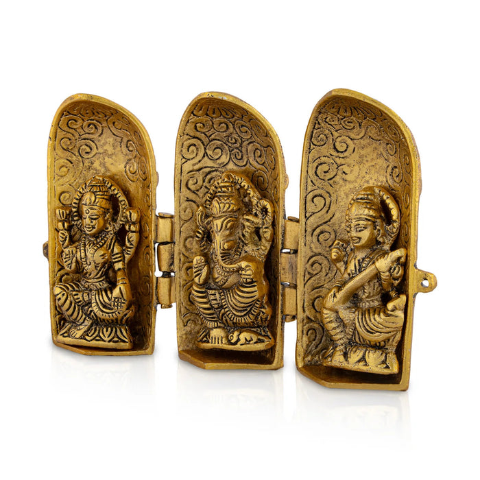 Metal Laxmi Ganesh Saraswati Murti With Closing Type Box - 5 x 7 Inches | Gold Polish Laxmi Ganesh Saraswati Idol