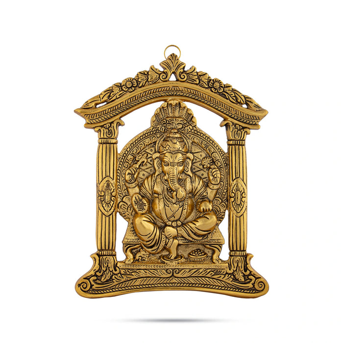 Metal Ganesh Murti Sitting On Mandir Wall Hanging - 10.5 x 8.5 Inches | Gold Polish Ganpati Murti Wall Hanger for Home