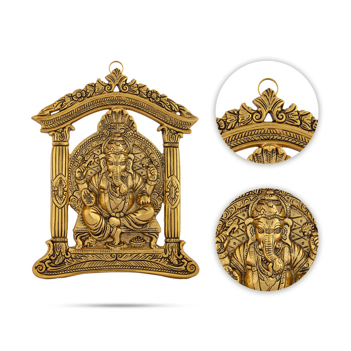 Metal Ganesh Murti Sitting On Mandir Wall Hanging - 10.5 x 8.5 Inches | Gold Polish Ganpati Murti Wall Hanger for Home