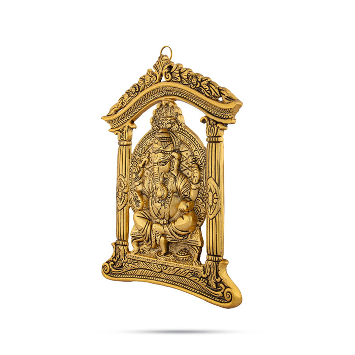 Metal Ganesh Murti Sitting On Mandir Wall Hanging - 10.5 x 8.5 Inches | Gold Polish Ganpati Murti Wall Hanger for Home
