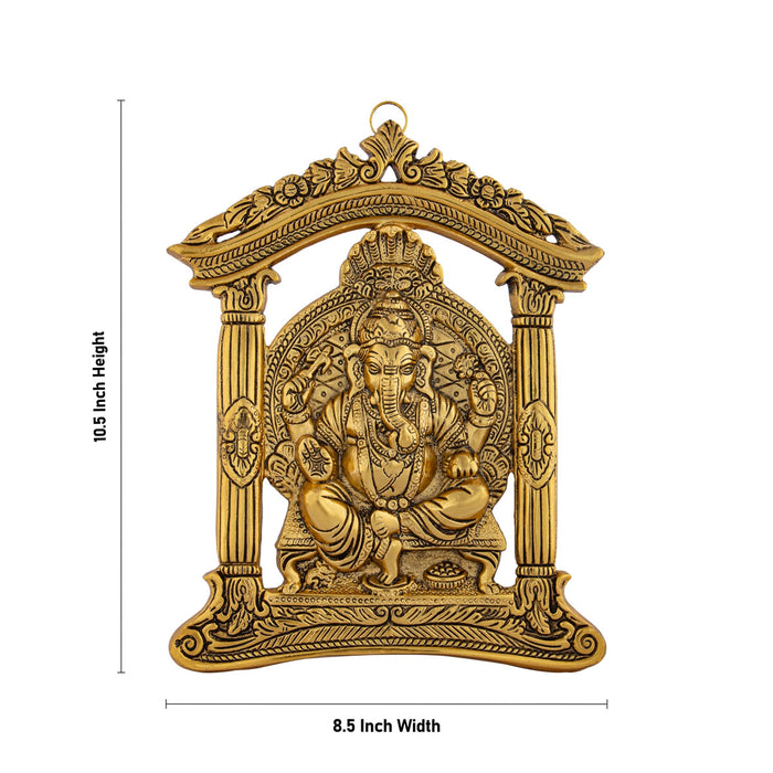 Metal Ganesh Murti Sitting On Mandir Wall Hanging - 10.5 x 8.5 Inches | Gold Polish Ganpati Murti Wall Hanger for Home