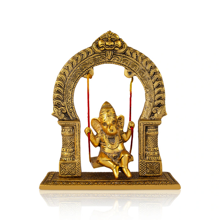 Jhula Ganesh Murti With Arch - 9 x 7.5 Inches | Aluminium/ Gold Polish Ganpati Murti With Base for Pooja