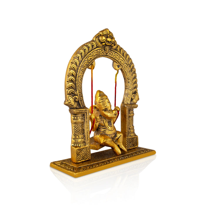 Jhula Ganesh Murti With Arch - 9 x 7.5 Inches | Aluminium/ Gold Polish Ganpati Murti With Base for Pooja