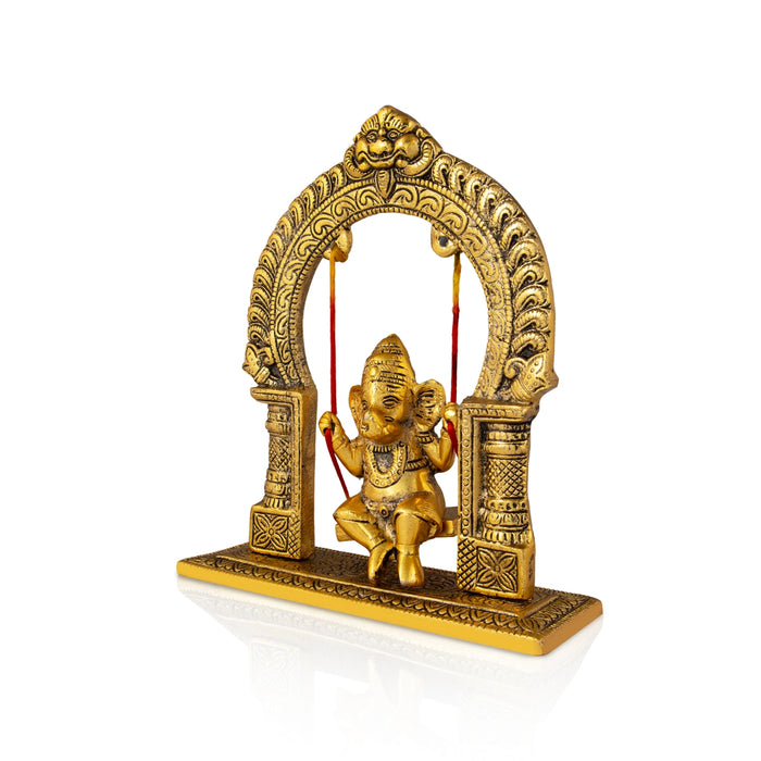 Jhula Ganesh Murti With Arch - 9 x 7.5 Inches | Aluminium/ Gold Polish Ganpati Murti With Base for Pooja