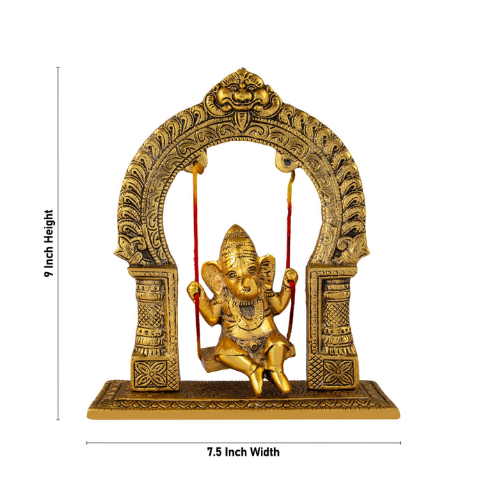 Jhula Ganesh Murti With Arch - 9 x 7.5 Inches | Aluminium/ Gold Polish Ganpati Murti With Base for Pooja