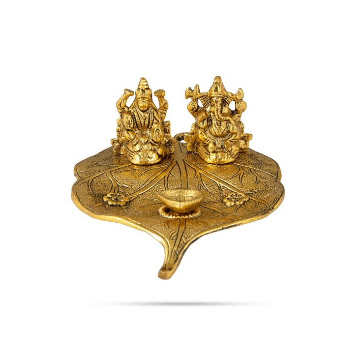 Ganesh Lakshmi Murti With Leaf Design Plate - 3 x 7 Inches | Aluminium&Gold Polish Ganpati Laxmi Idol &Deep for Pooja