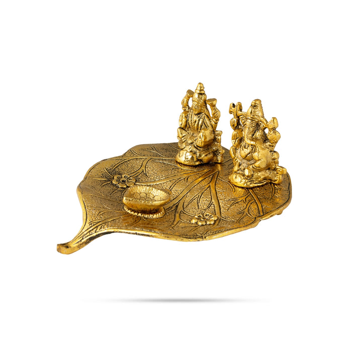Ganesh Lakshmi Murti With Leaf Design Plate - 3 x 7 Inches | Aluminium&Gold Polish Ganpati Laxmi Idol &Deep for Pooja