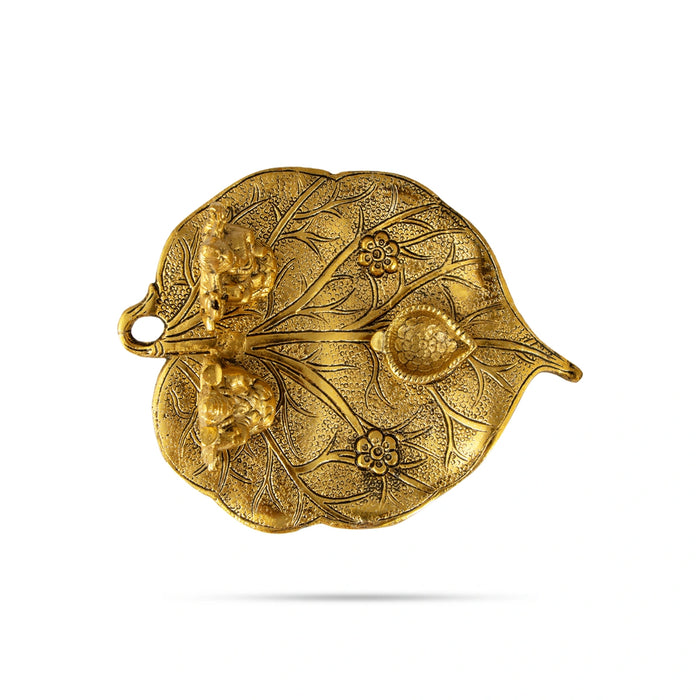 Ganesh Lakshmi Murti With Leaf Design Plate - 3 x 7 Inches | Aluminium&Gold Polish Ganpati Laxmi Idol &Deep for Pooja